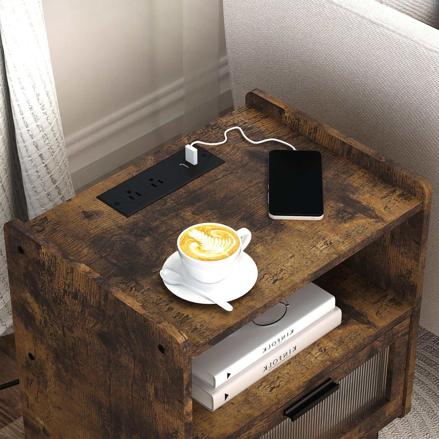 Nightstand with Charging Station, Bedside Tables, End Table Side Table with 2 Tiers Storage Space, for Bedroom, Living Room, Black CAMLBZ07BE