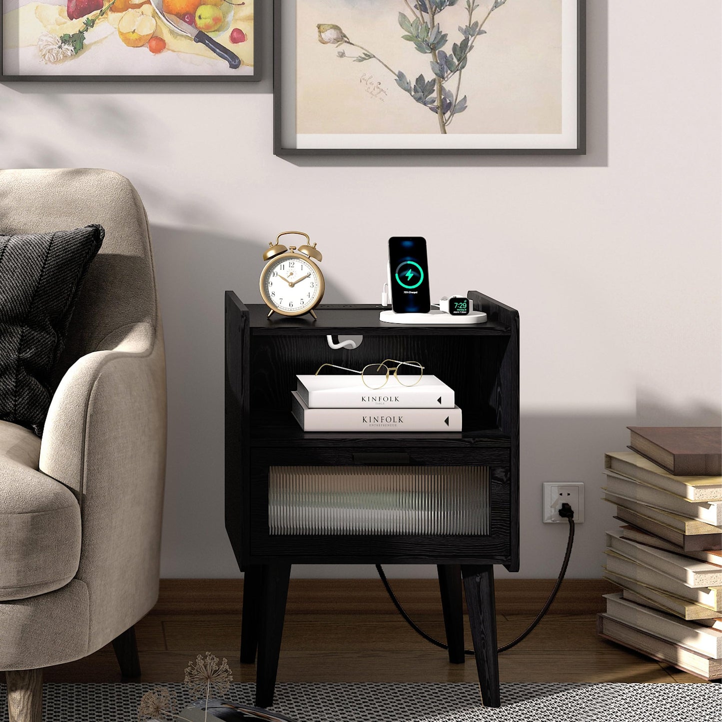 Nightstand with Charging Station, Bedside Tables, End Table Side Table with 2 Tiers Storage Space, for Bedroom, Living Room, Black CAMLBZ07BE