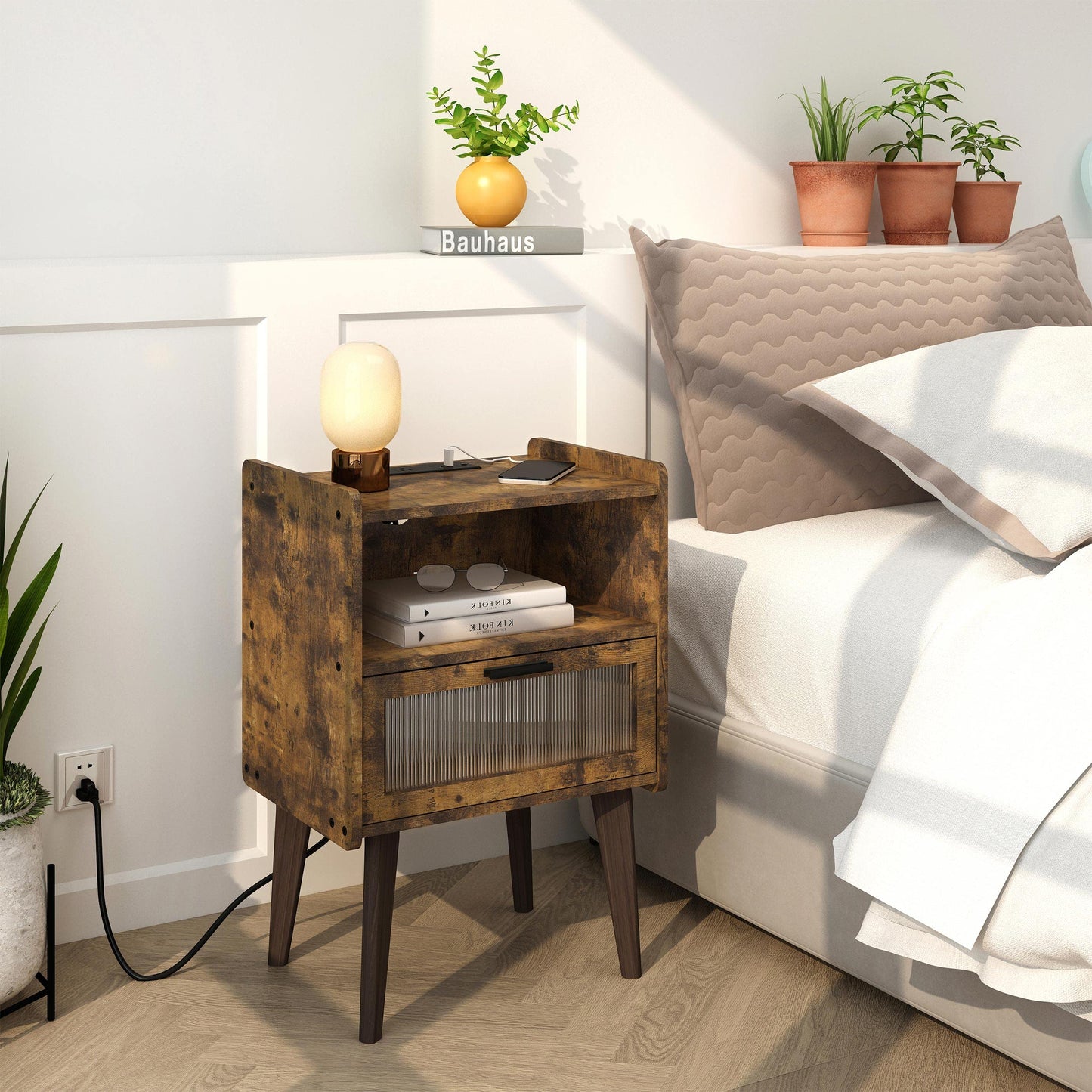 Nightstand with Charging Station, Bedside Tables, End Table Side Table with 2 Tiers Storage Space, for Bedroom, Living Room, Black CAMLBZ07BE