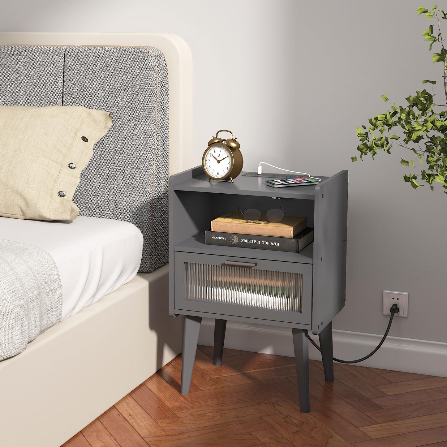 Nightstand with Charging Station, Bedside Tables, End Table Side Table with 2 Tiers Storage Space, for Bedroom, Living Room, Black CAMLBZ07BE