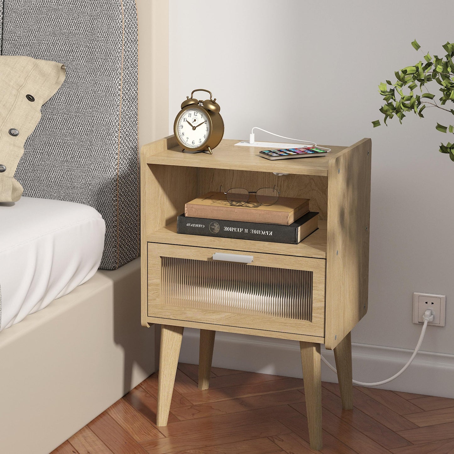 Nightstand with Charging Station, Bedside Tables, End Table Side Table with 2 Tiers Storage Space, for Bedroom, Living Room, Black CAMLBZ07BE