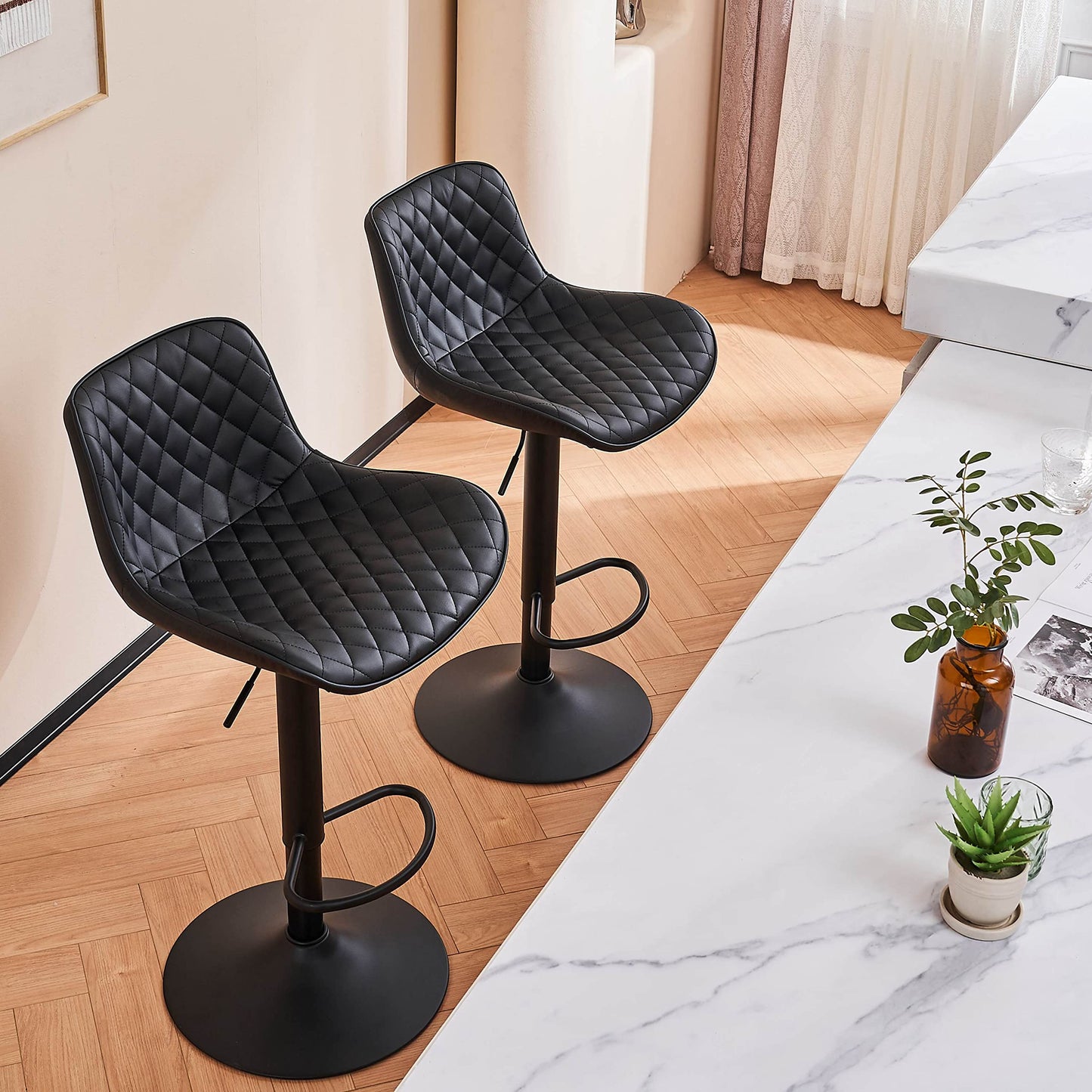 Grey Bar Stools Set of 2 Counter Height Bar Stool Faux Leather Upholstered Metal Barstools Modern Adjustable Swivel High Back Bar Chairs Home Kitchen Dining Island