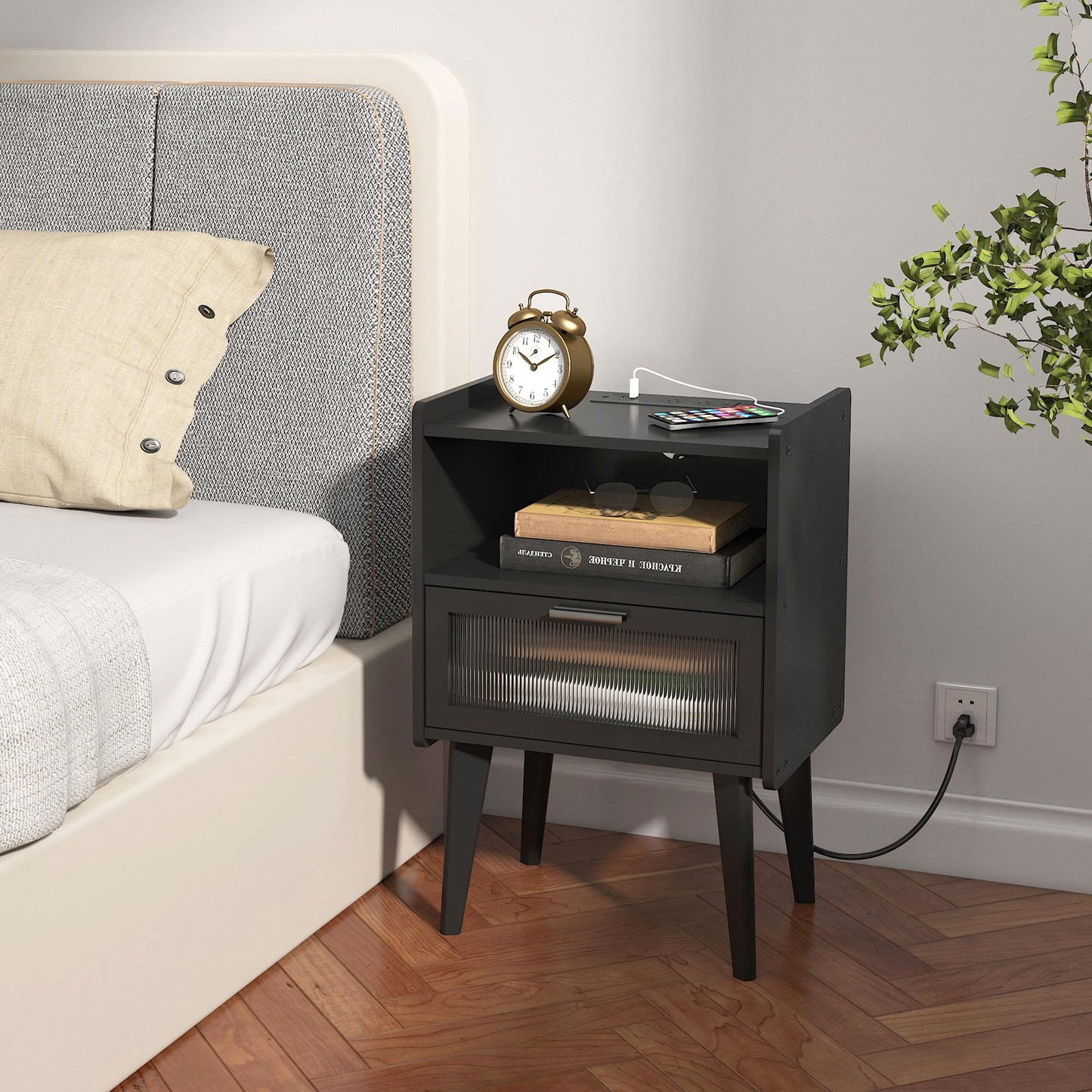 Nightstand with Charging Station, Bedside Tables, End Table Side Table with 2 Tiers Storage Space, for Bedroom, Living Room, Black CAMLBZ07BE