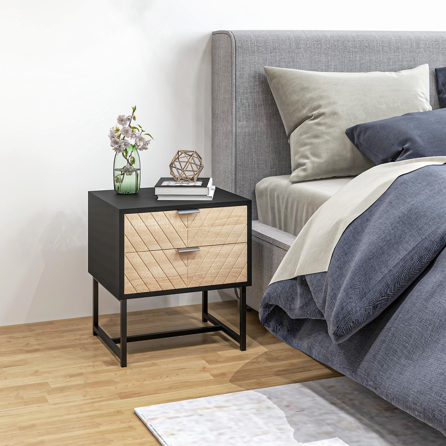 Modern Bedside Table with 2 Drawers, Nightstand with Metal Base, Sofa End Table for Bedroom, White