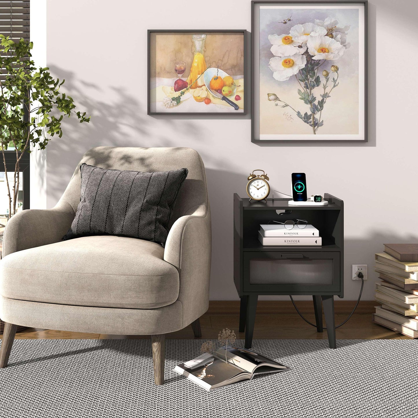 Nightstand with Charging Station, Bedside Tables, End Table Side Table with 2 Tiers Storage Space, for Bedroom, Living Room, Black CAMLBZ07BE