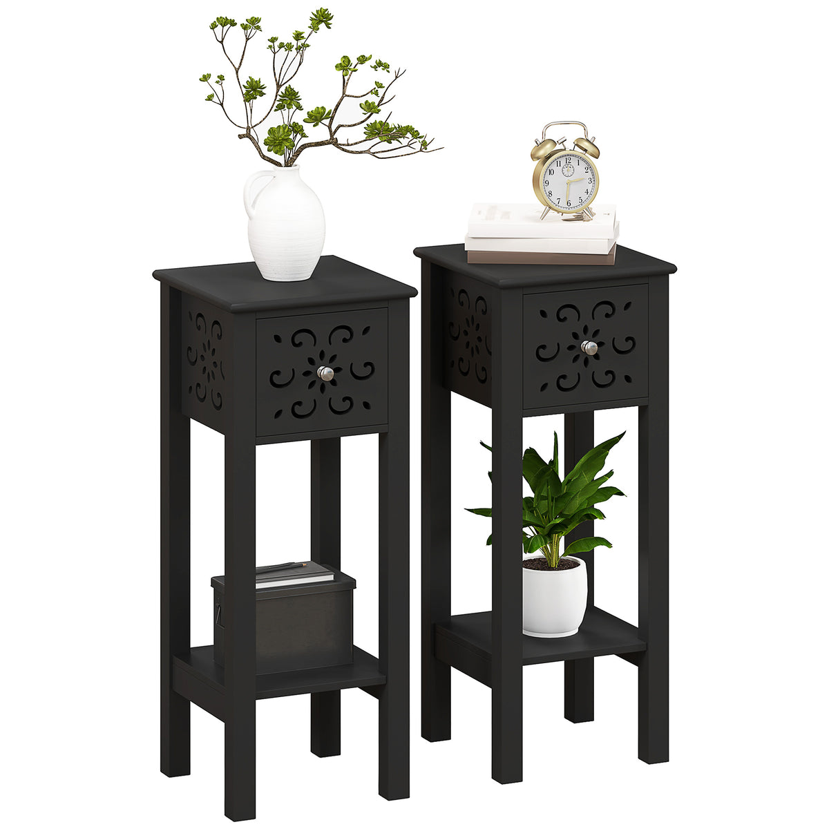 Tall Narrow Nightstands with Drawer and Shelf, Set of 2 – 12"W x 30"H