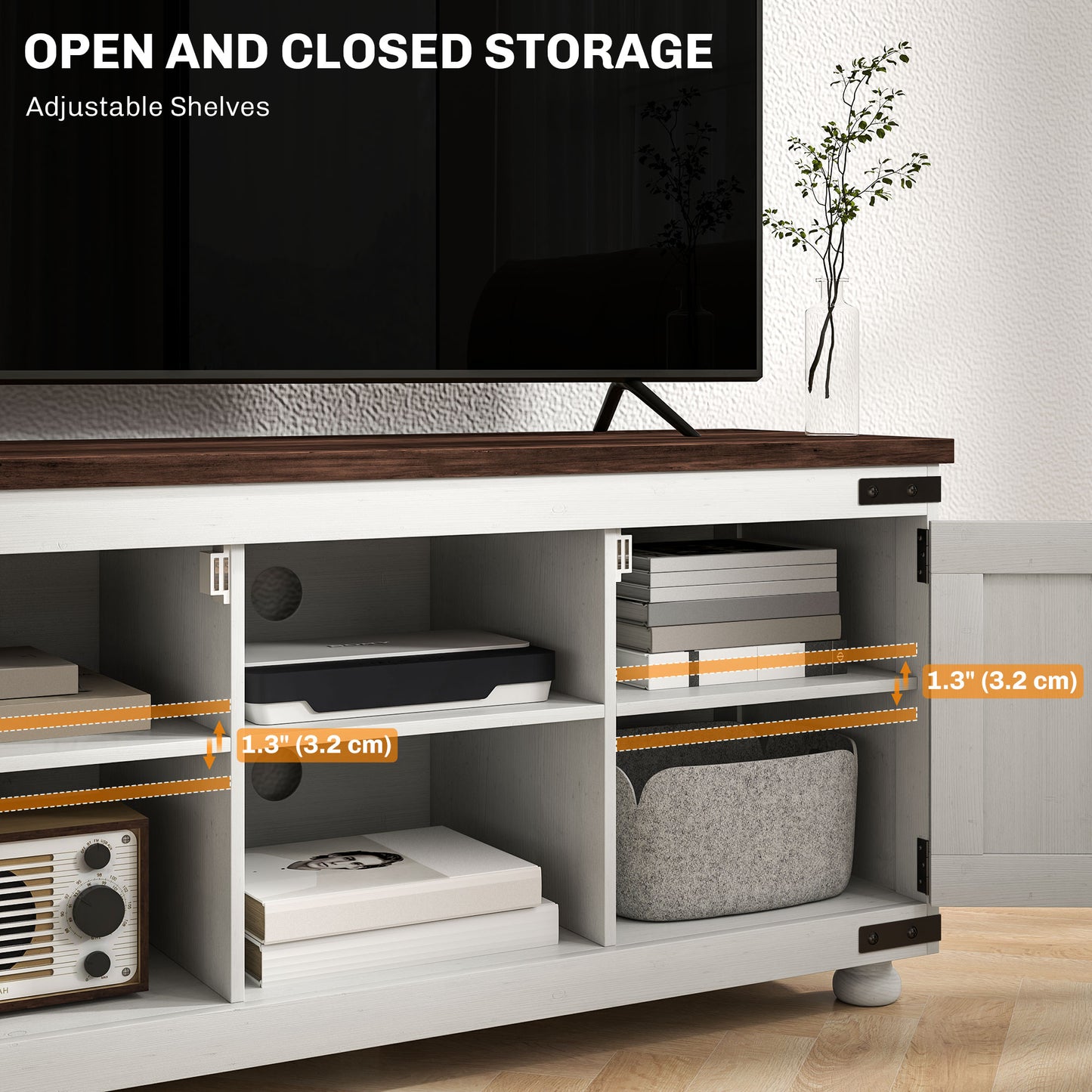 Modern Farmhouse 50-inch TV Stand with Barn Doors, Cable Management, Distressed White