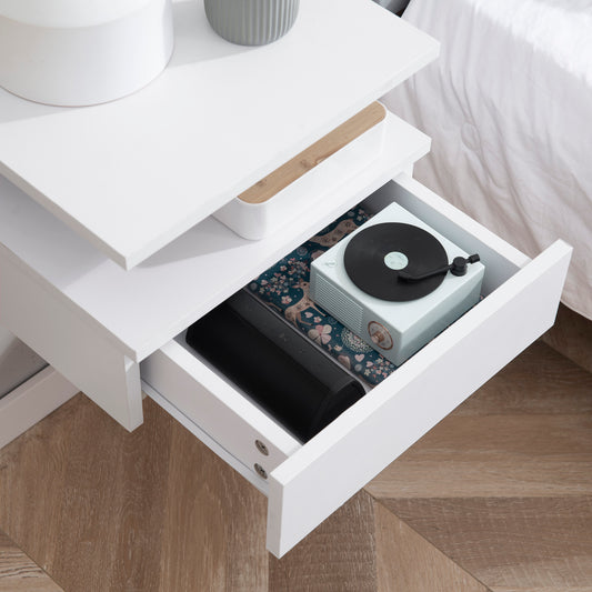 HOMCOM White Floating Wall Mounted Bedside Nightstands with Drawer and Shelf