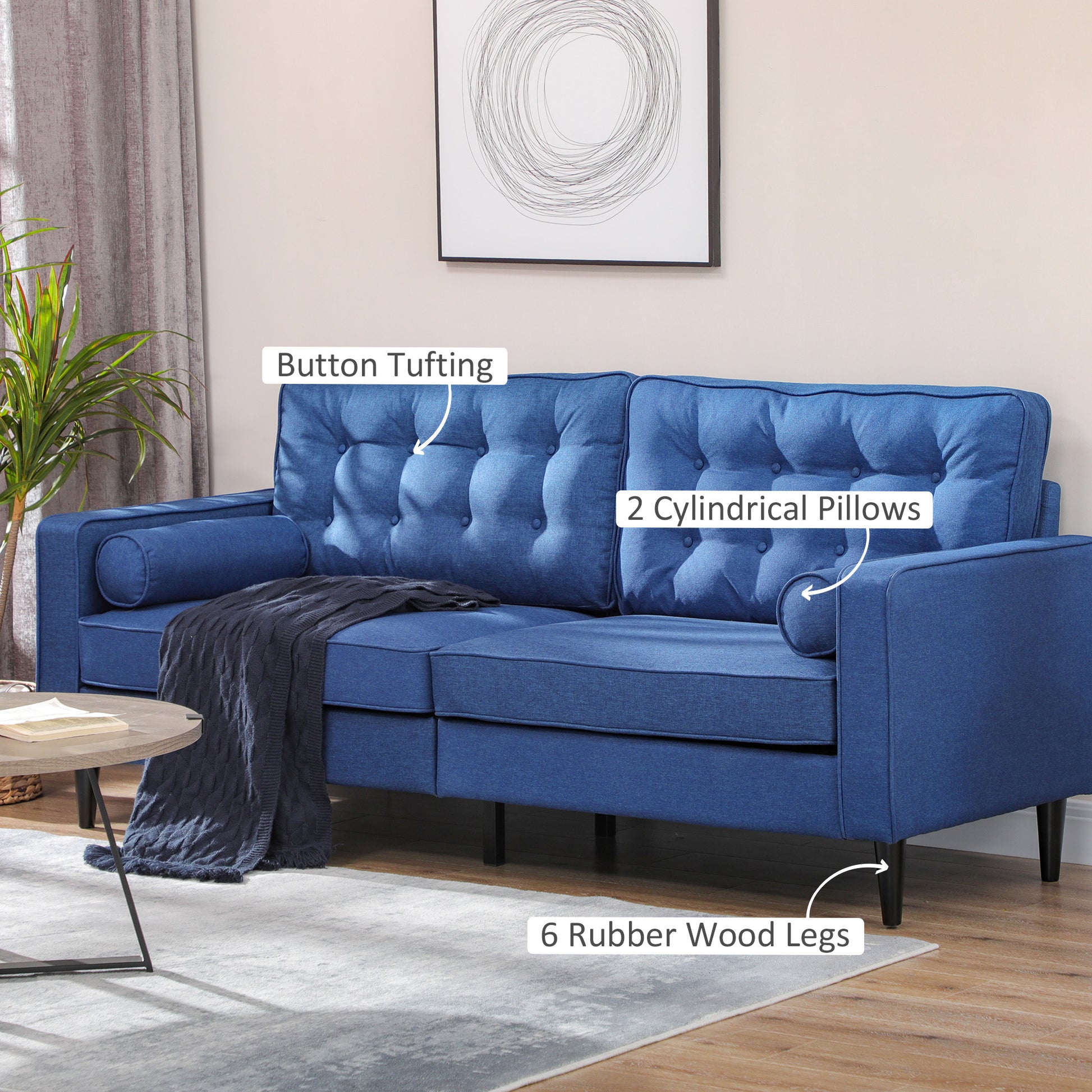 HOMCOM Mid-Century Velvet Fabric Small Sofa Couch, Button-Tufted Back, Wood Legs