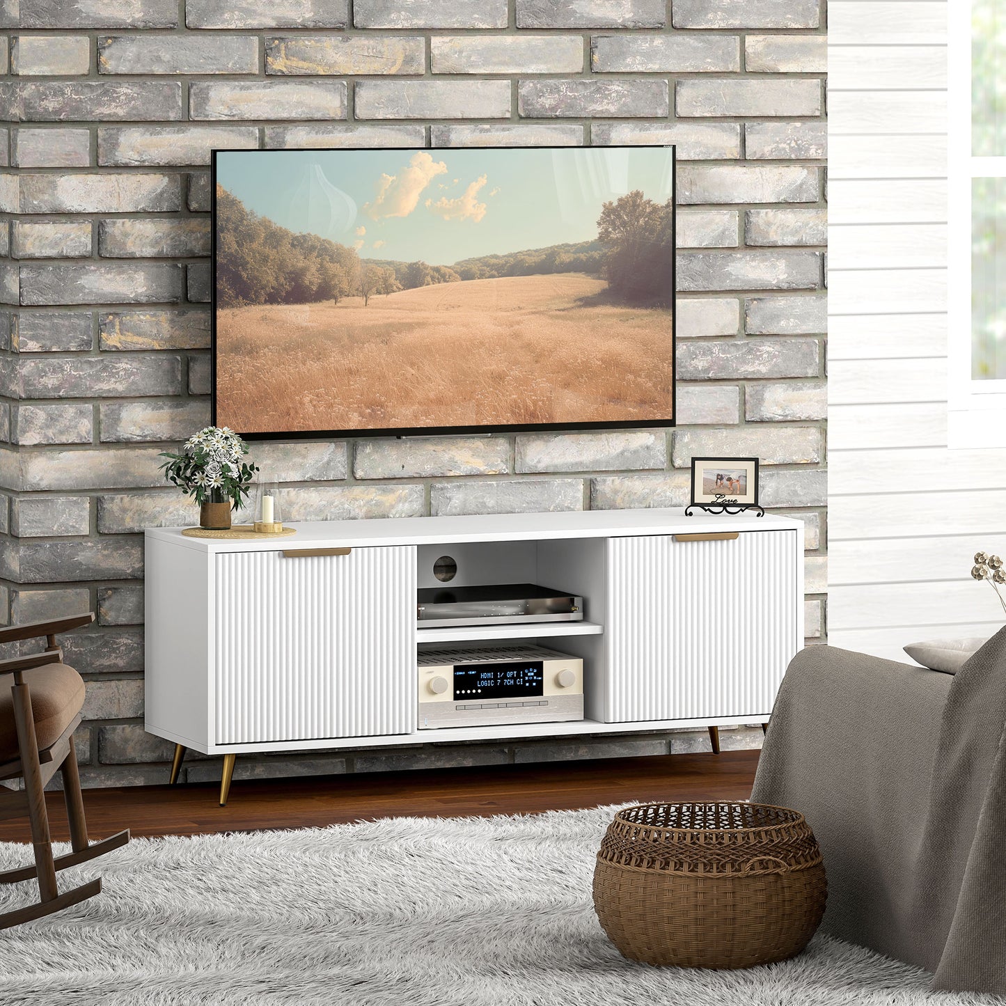 Modern White TV Stand for 55-inch TVs with Storage Cabinets & Open Shelves