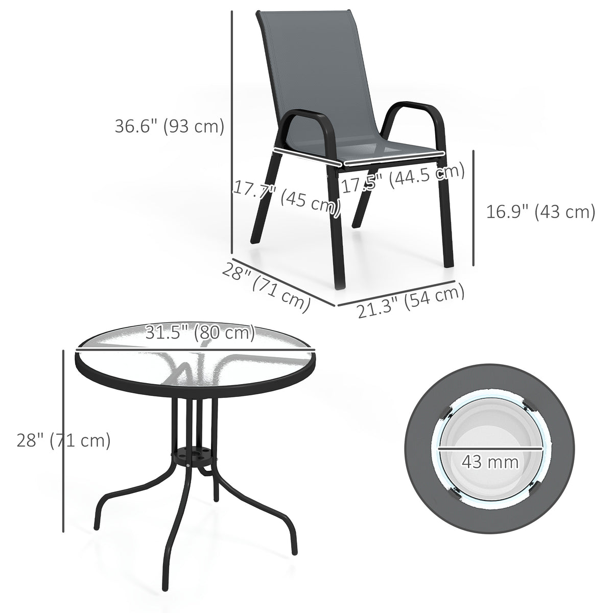 Five-Piece Steel Patio Set, with Glass-Top Table - – Dark Grey