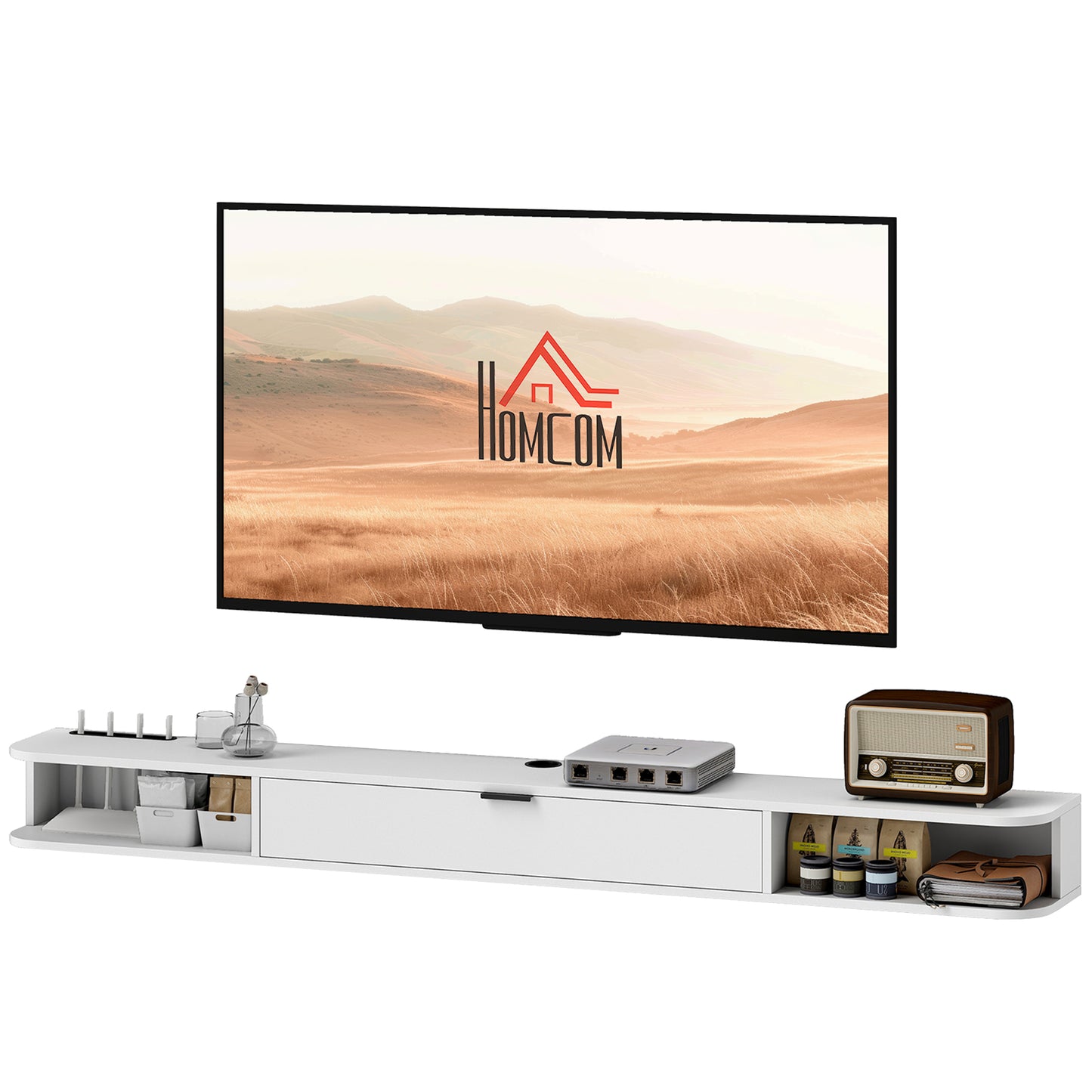 HOMCOM 71-inch Floating TV Stand Wall Mounted Media Console with Flip Drawer, 2 Open Shelves, White Wood Grain