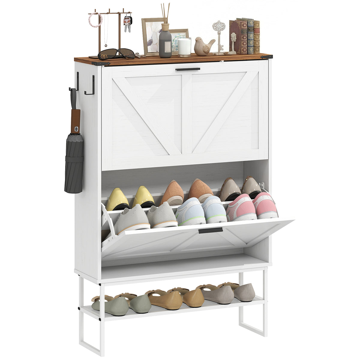 Narrow Shoe Storage Cabinet with 2 Flip Drawers – 31"W x 46"H