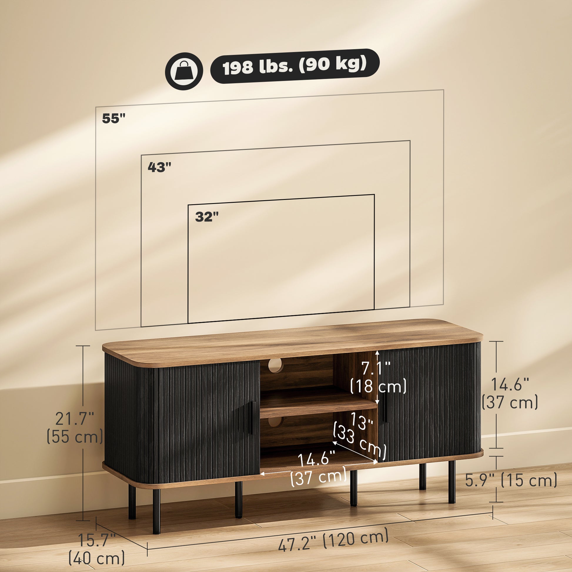 HOMCOM Modern Black TV Stand for 55-Inch TVs, Storage Shelves, Slatted Doors