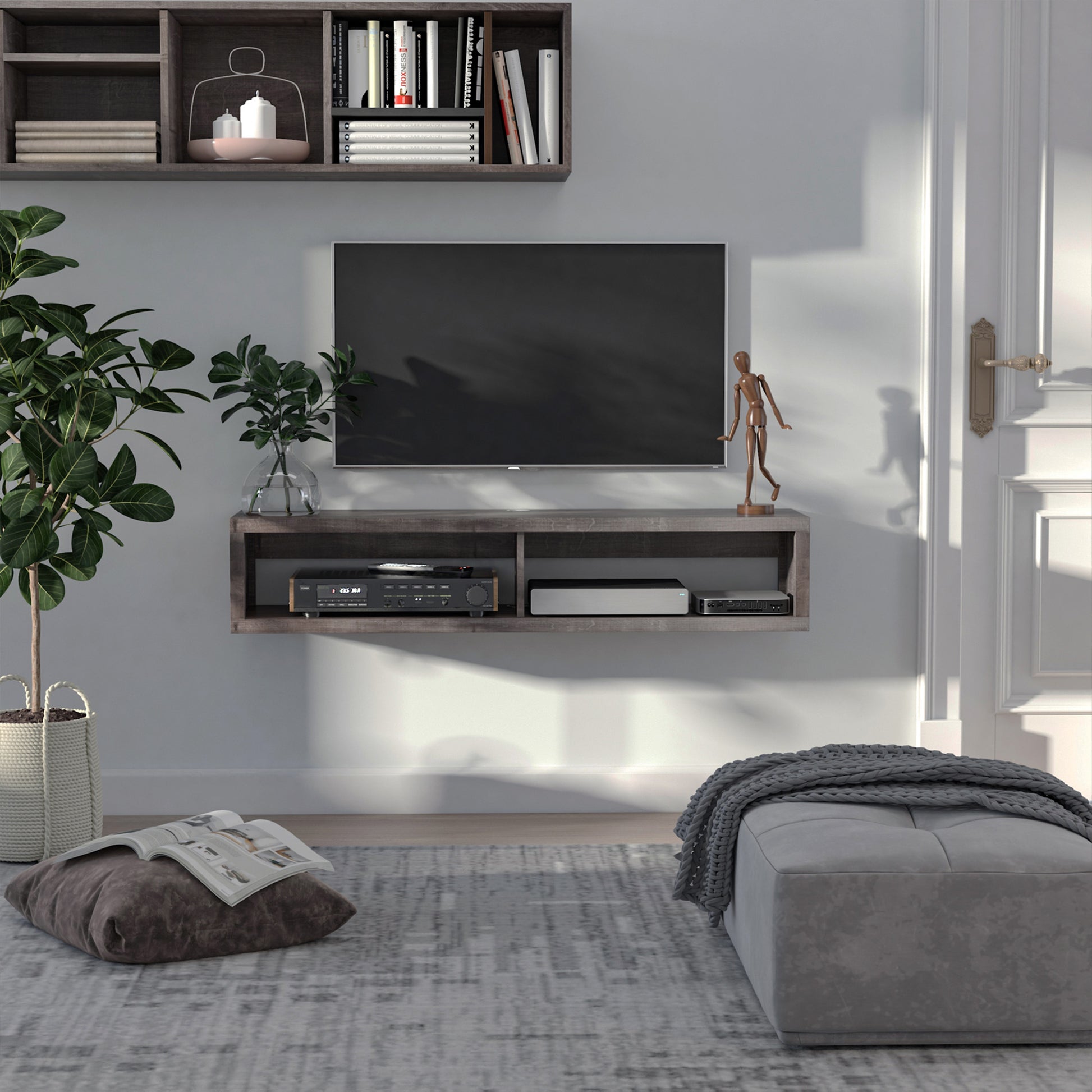 HOMCOM Modern Floating Wall Mounted TV Media Console Shelf Dark Grey Wood