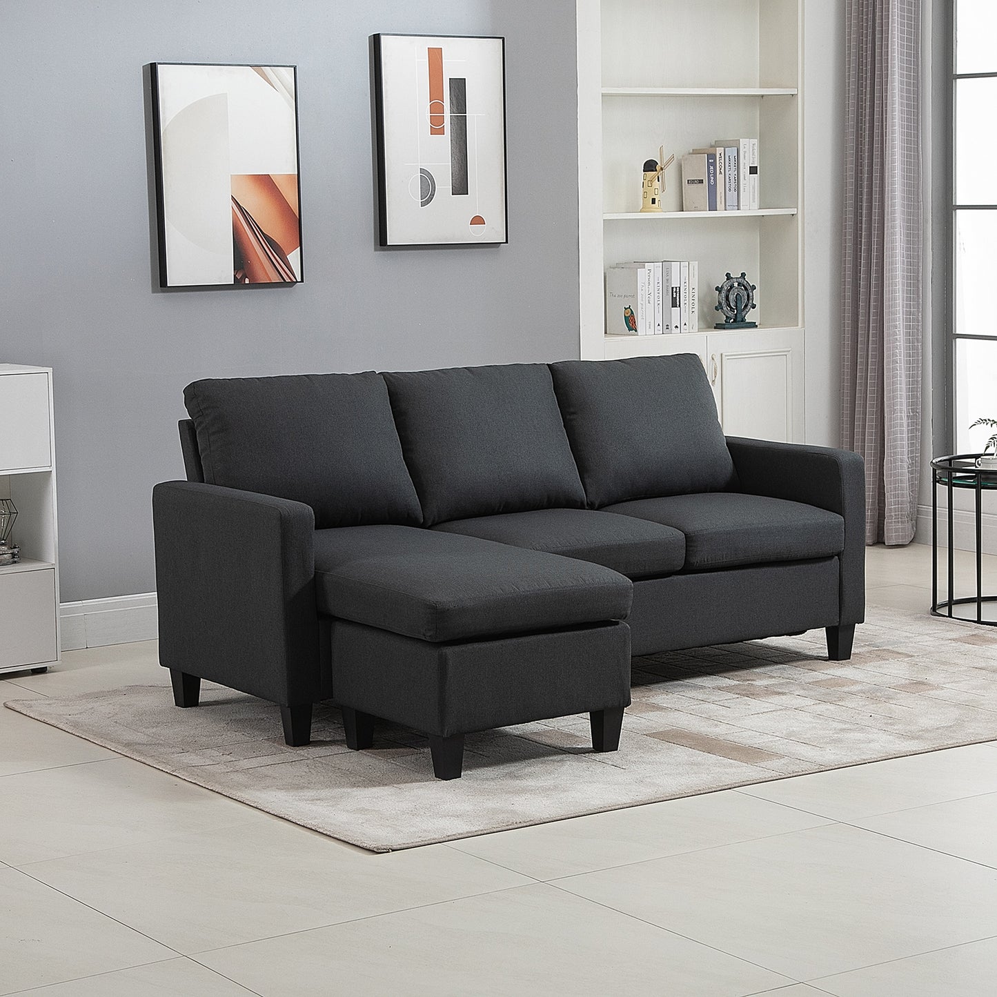 HOMCOM Modern L-Shape Sectional Sofa, Reversible Chaise, Dark Grey Fabric