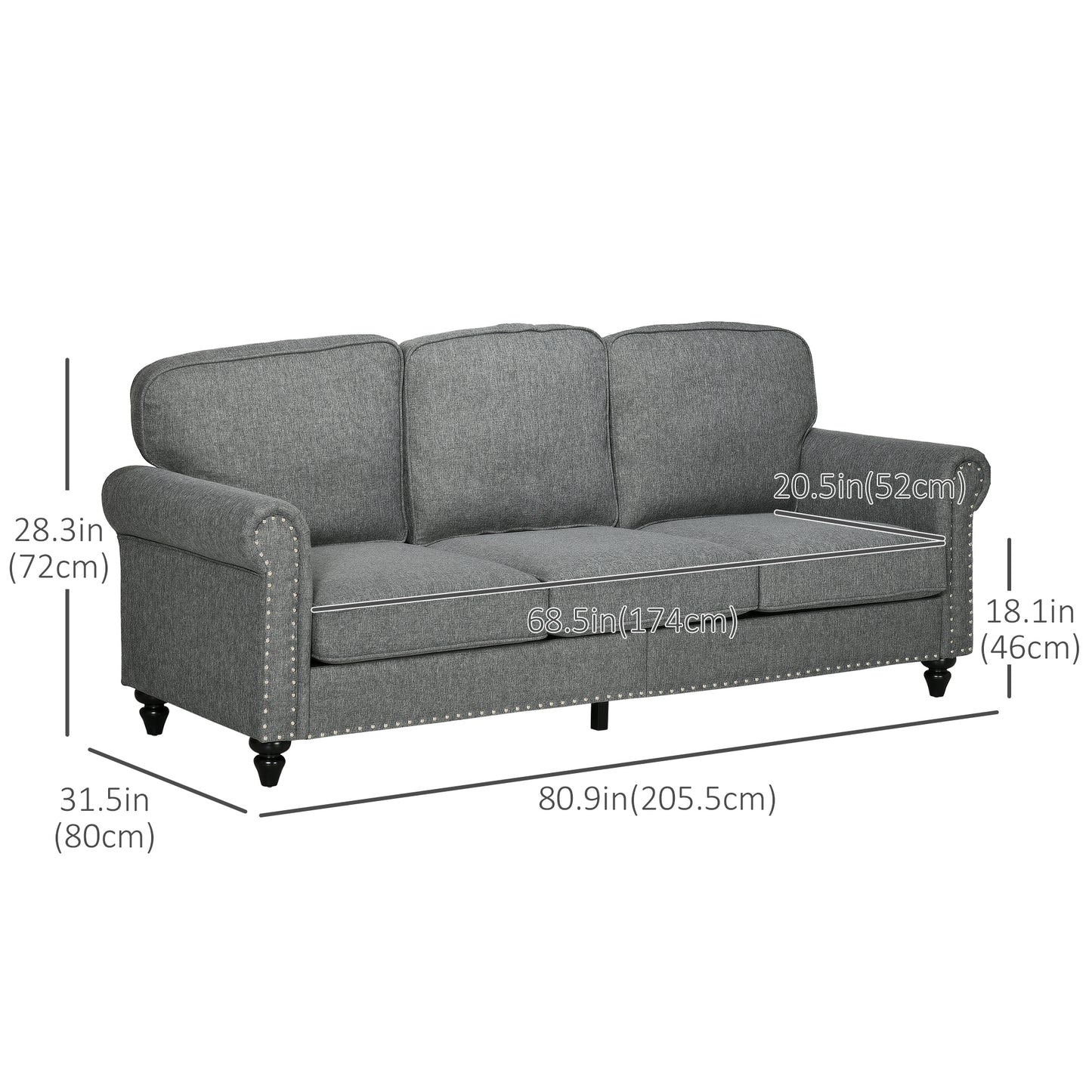 Modern Grey Linen Fabric 3-Seater Sofa Couch with Studded Trim & Rolled Arms