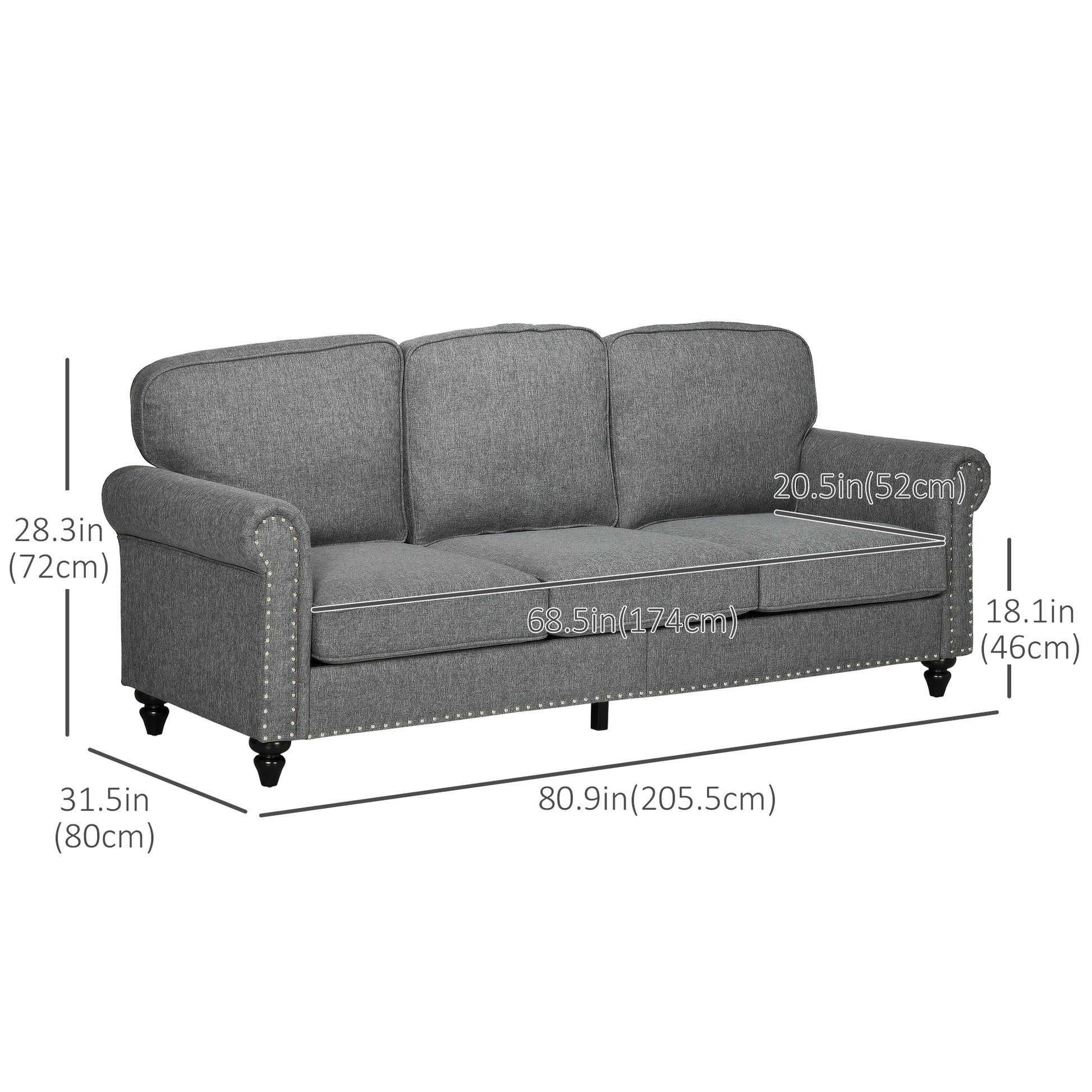 Modern Grey Linen Fabric 3-Seater Sofa Couch with Studded Trim & Rolled Arms