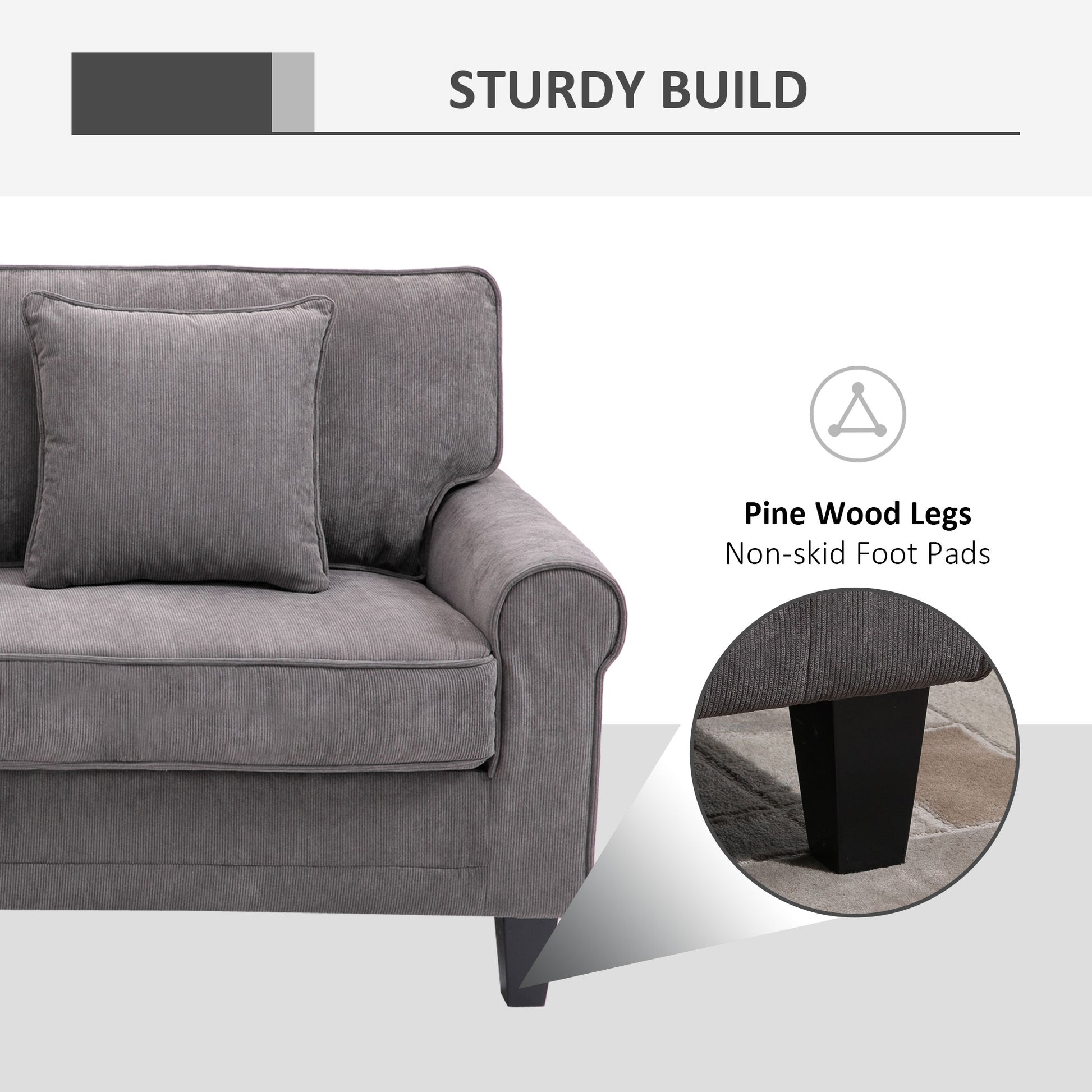 Modern 3-Seater Corduroy Sofa: Pine Wood Legs, Rolled Armrests, Light Grey