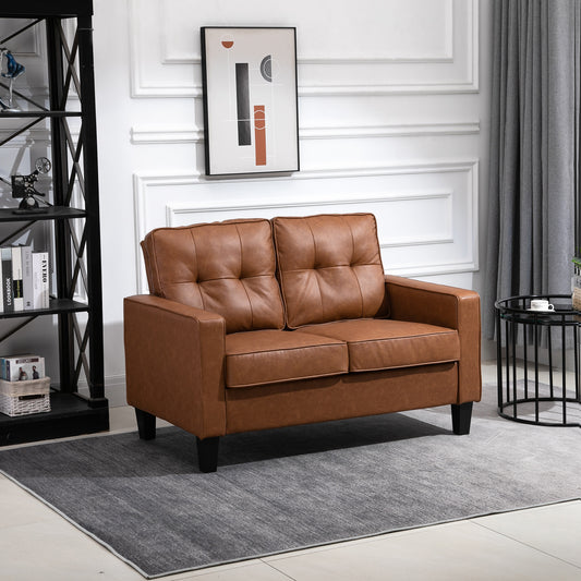 HOMCOM 2-Seater Brown PU Leather Loveseat Sofa, Tufted Back, Metal Frame