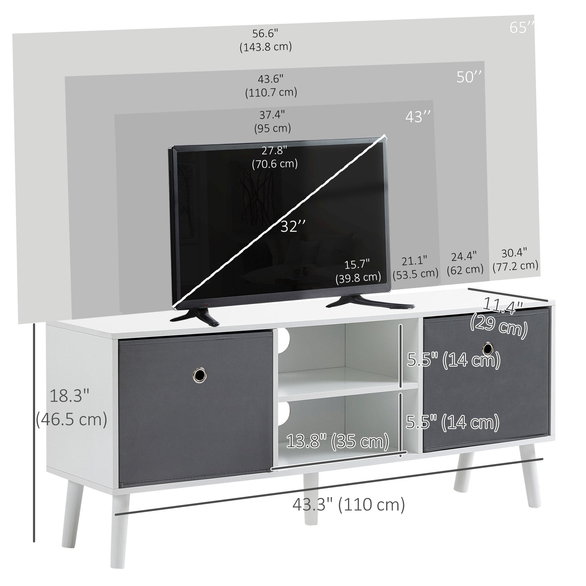 Modern TV Stand Cabinet with Foldable Grey Fabric Drawers and Shelves