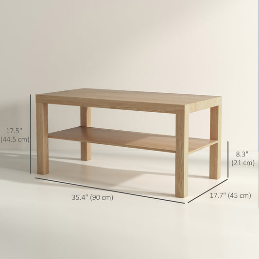 HOMCOM 2-Tier Rectangular Coffee Table with Storage Shelf, Natural Wood Finish