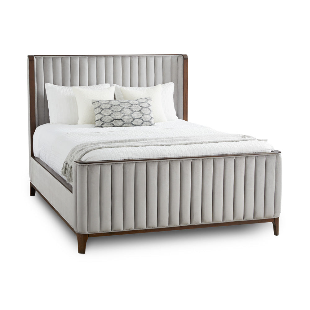 Channel-Tufted Velvet Bed with Wood Frame – Grey