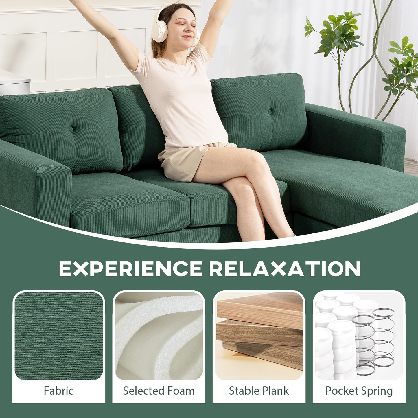 HOMCOM Dark Green Sectional Sofa: Reversible Chaise, 3-Seat L-Shaped Couch