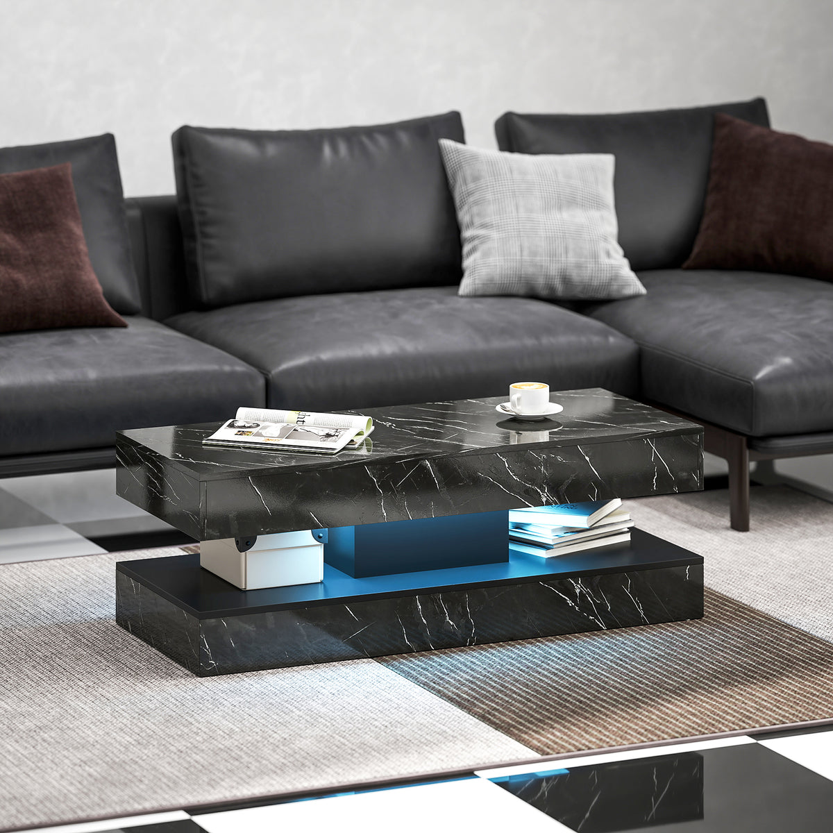 Coffee Table with Adjustable RGB LED Lights, 2 Drawers, Open Shelf and Remote