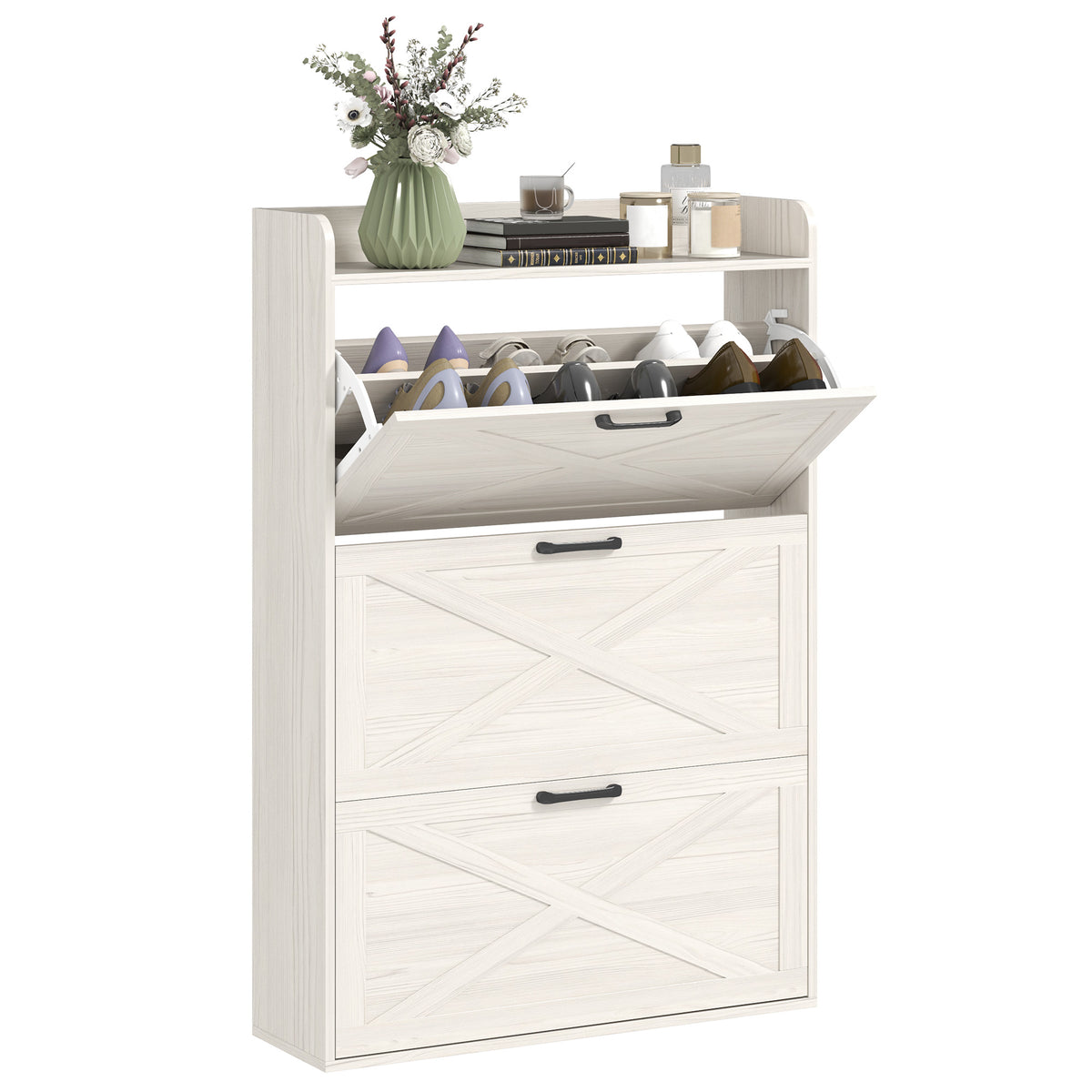 Farmhouse Shoe Cabinet with 3 Flip Drawers – 31"W x 49"H
