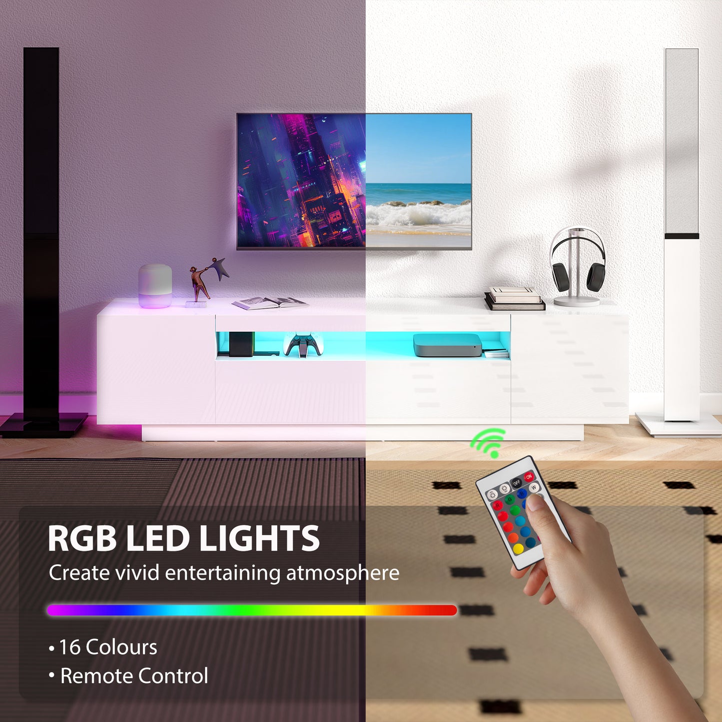 HOMCOM Modern White High-Gloss TV Stand with RGB LED Lighting