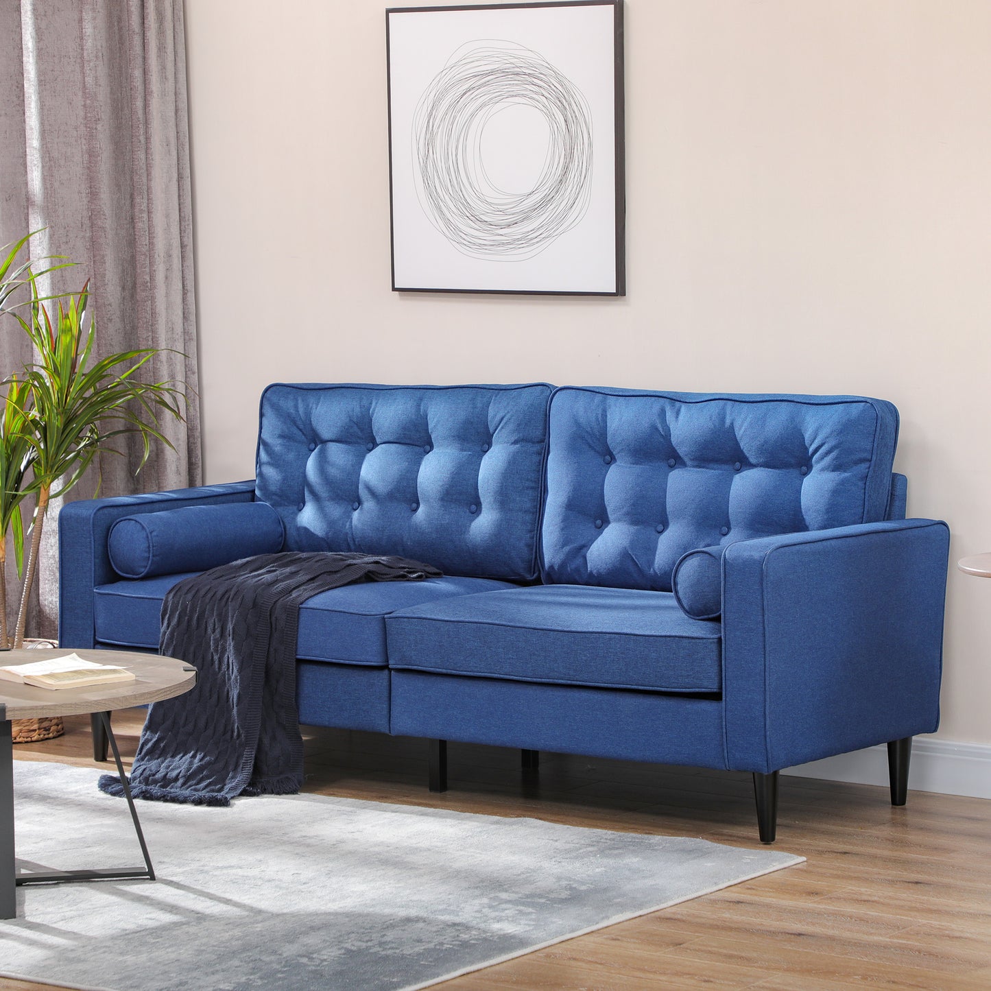 HOMCOM Mid-Century Velvet Fabric Small Sofa Couch, Button-Tufted Back, Wood Legs