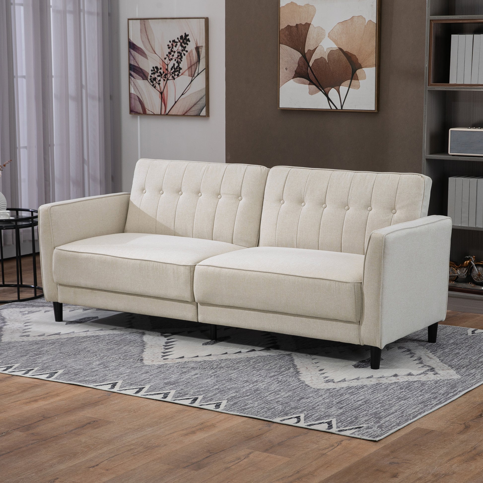 HOMCOM Button Tufted Fabric Pull Out Sofa Bed with Adjustable Back