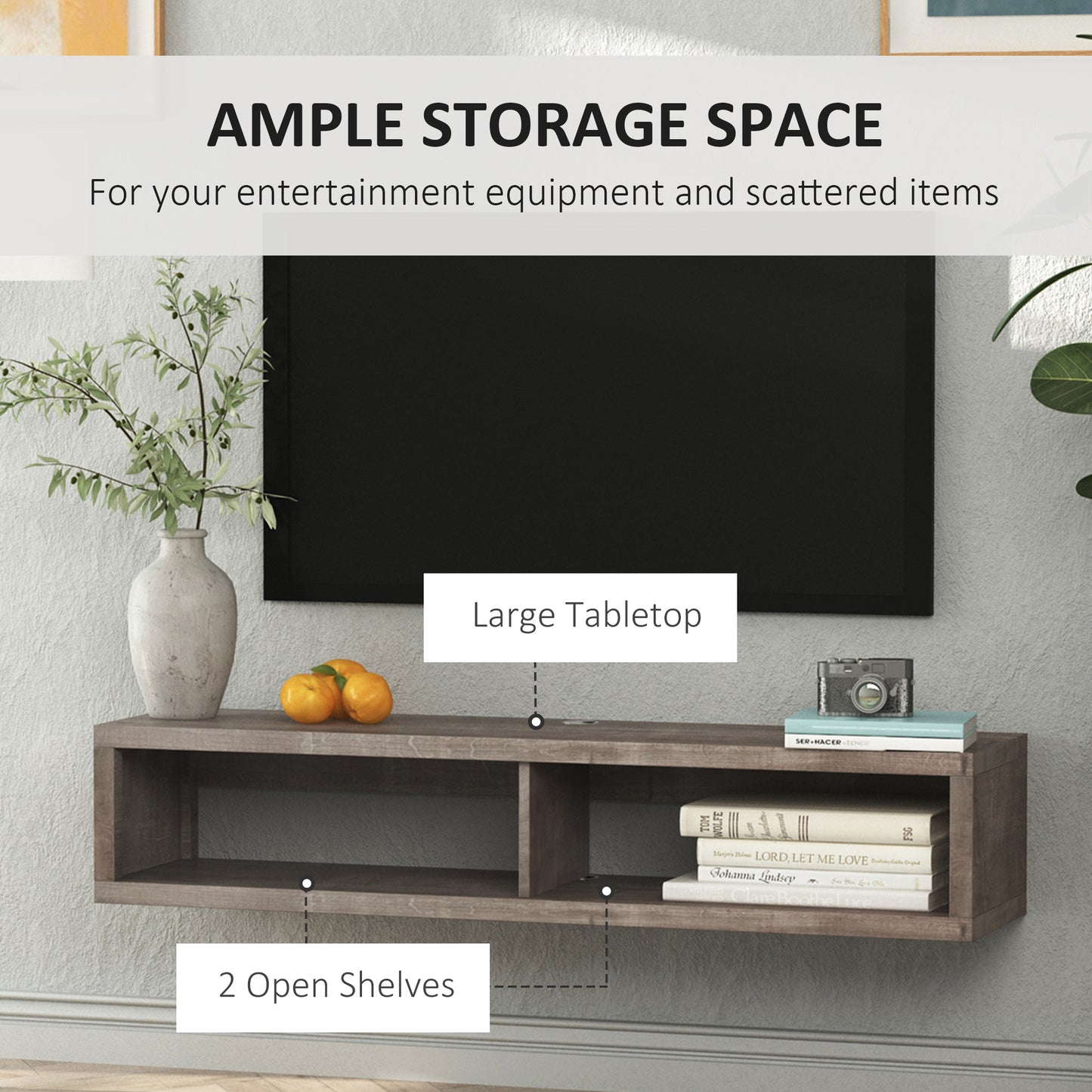 HOMCOM Modern Floating Wall Mounted TV Media Console Shelf Dark Grey Wood