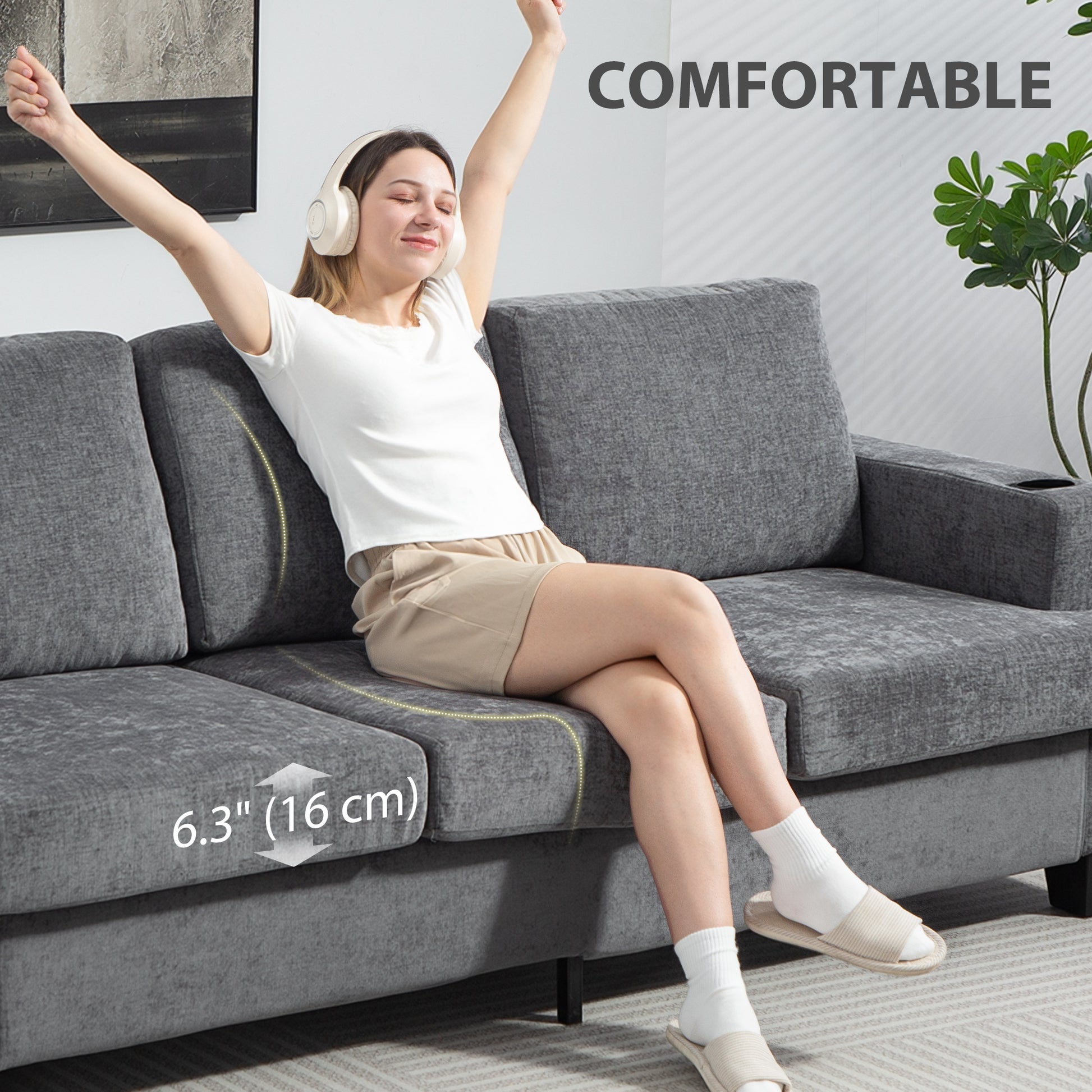 HOMCOM 3-Seater Grey Chenille Sofa with USB Ports and Dual Cup Holders