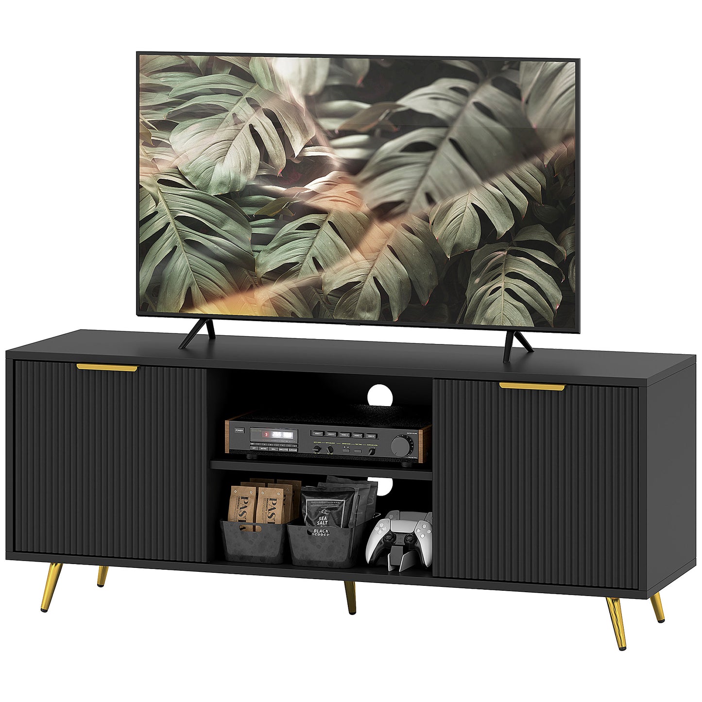 Sleek Black HOMCOM TV Stand for 55" TVs, Open Shelves & Cabinets