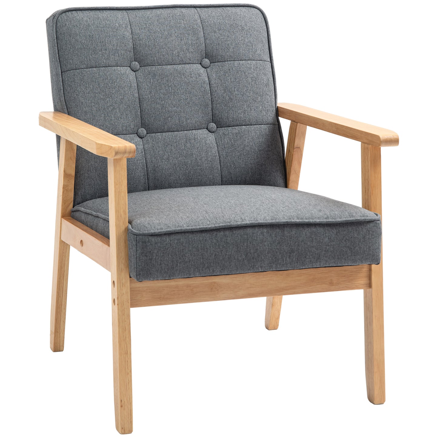 Modern Grey Linen Fabric Button Tufted Accent Chair Solid Wood Frame