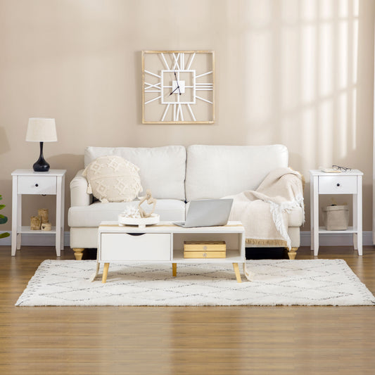 HOMCOM Modern White 2-Tier Side Table with Drawer & Storage