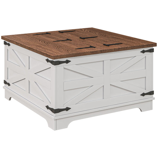 HOMCOM Farmhouse Square Coffee Table with Flip-Top Lids, Hidden Storage, White