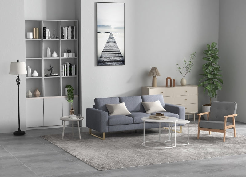 Modern Three-Seat Linen Upholstered Sofa with Steel Legs, Padded Cushions, Grey