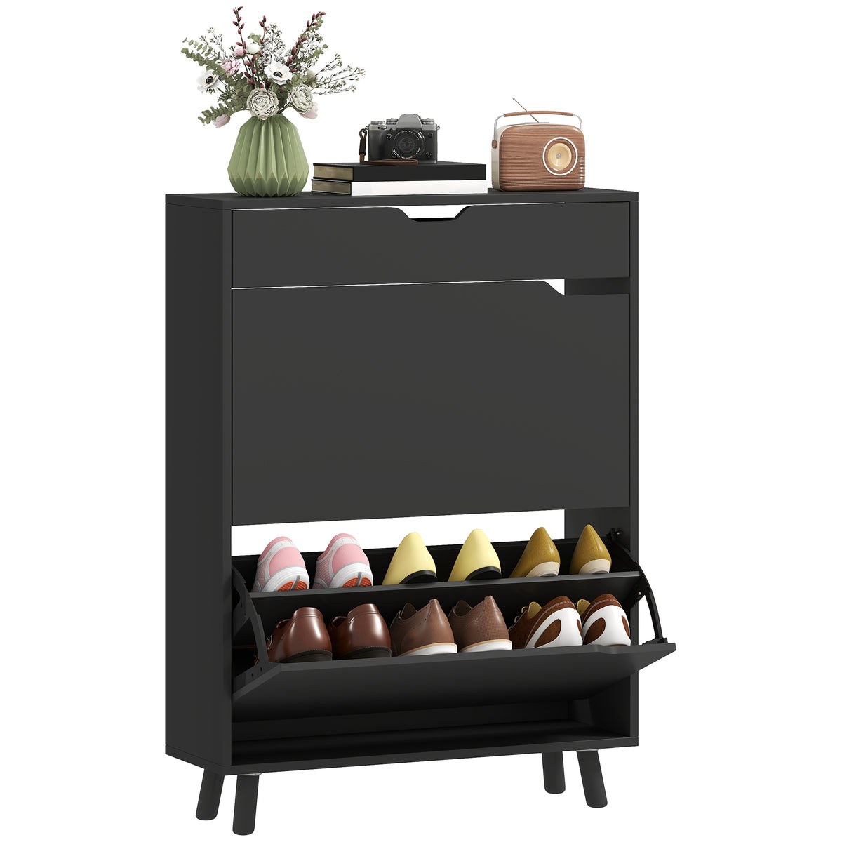 Narrow Shoe Cabinet for Entryway with 2 Flip Drawers – 28"W x 39"H