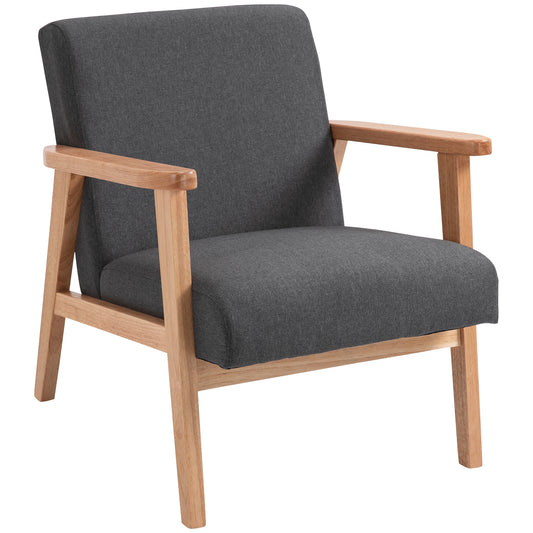 Mid-Century Modern Linen Accent Chair with Wooden Arms - Dark Grey