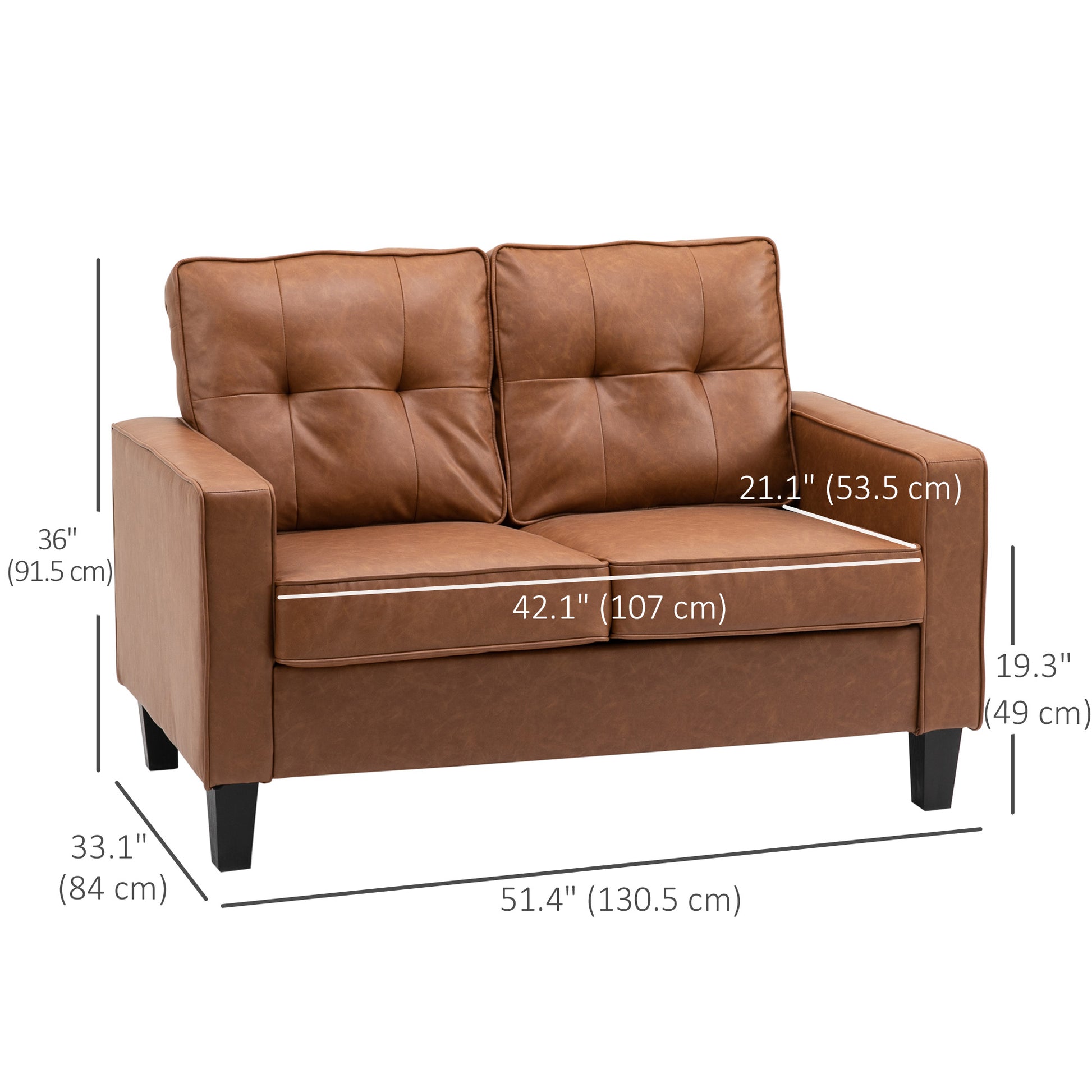 HOMCOM 2-Seater Brown PU Leather Loveseat Sofa, Tufted Back, Metal Frame