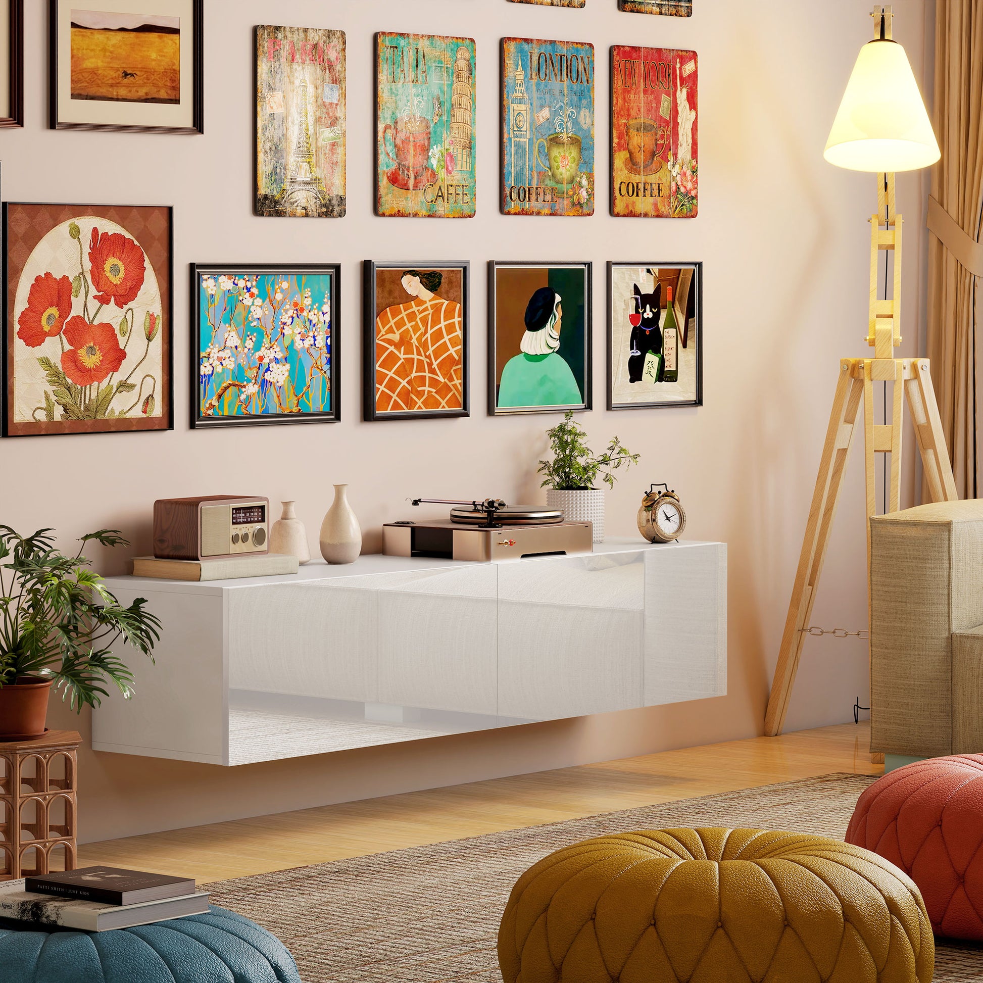 HOMCOM Floating Wall-Mounted TV Console, Storage for 45-65" TVs, White