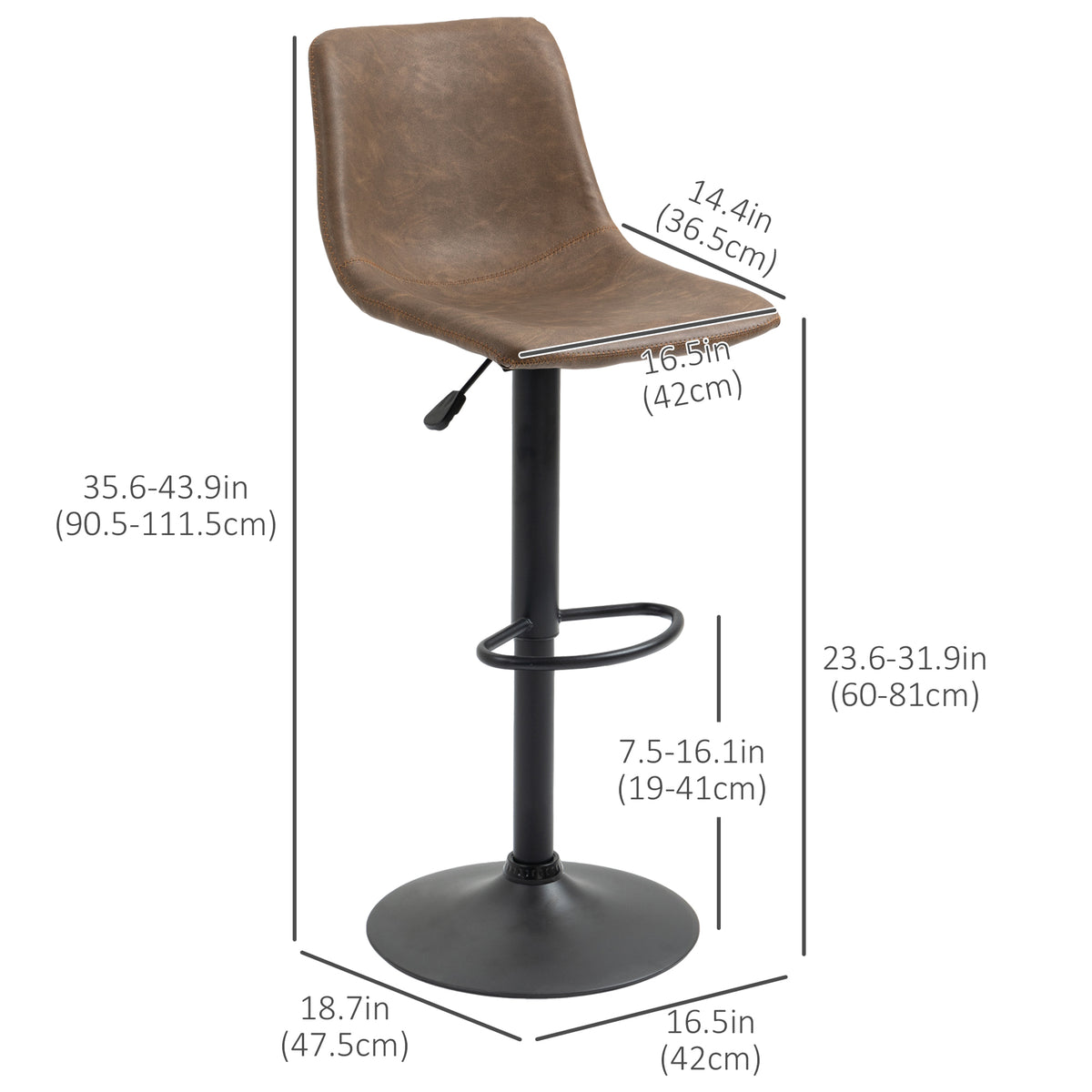 Retro Faux Leather Adjustable Swivel Counter Stools, Set of 2, Coffee Brown