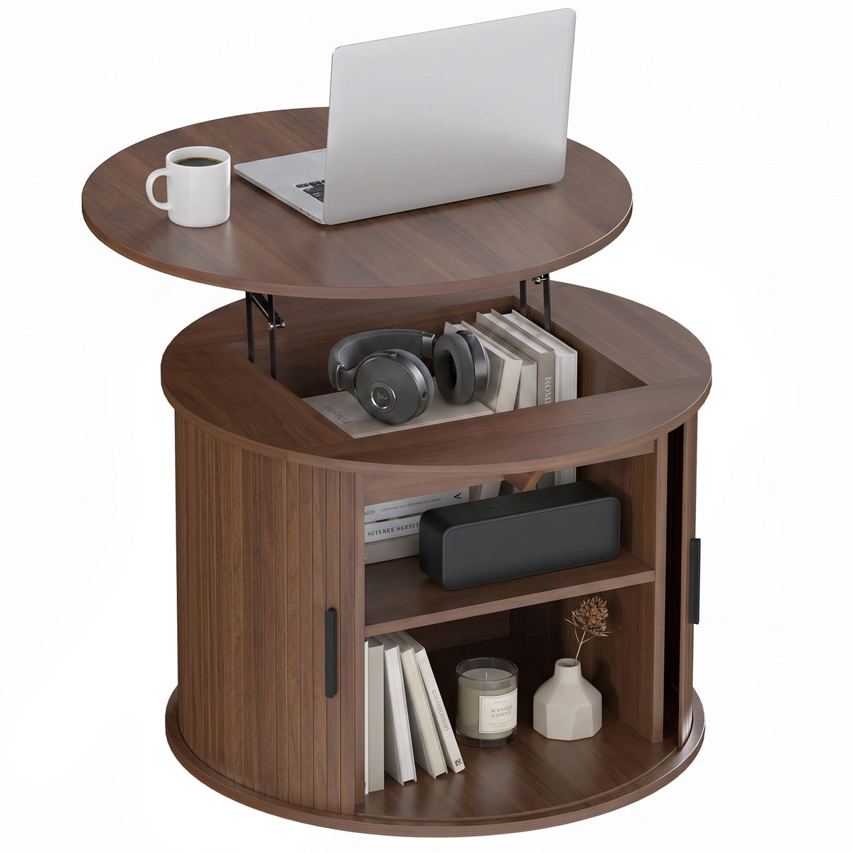 Round Fluted Lift-Top Coffee Table with Tambour Door Storage, Walnut