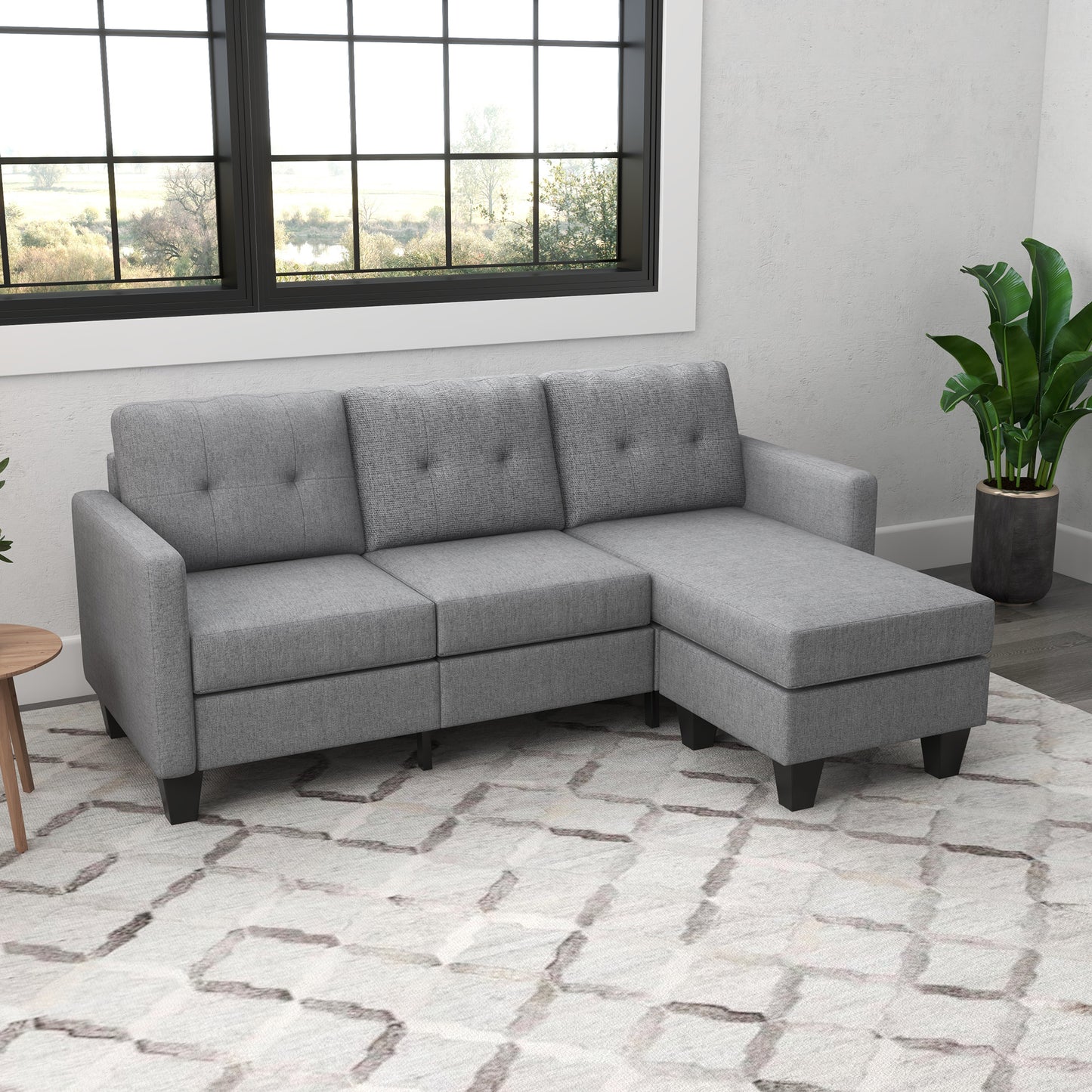 HOMCOM Modern L-Shape 3-Seater Sofa with Ottoman, Light Grey Fabric