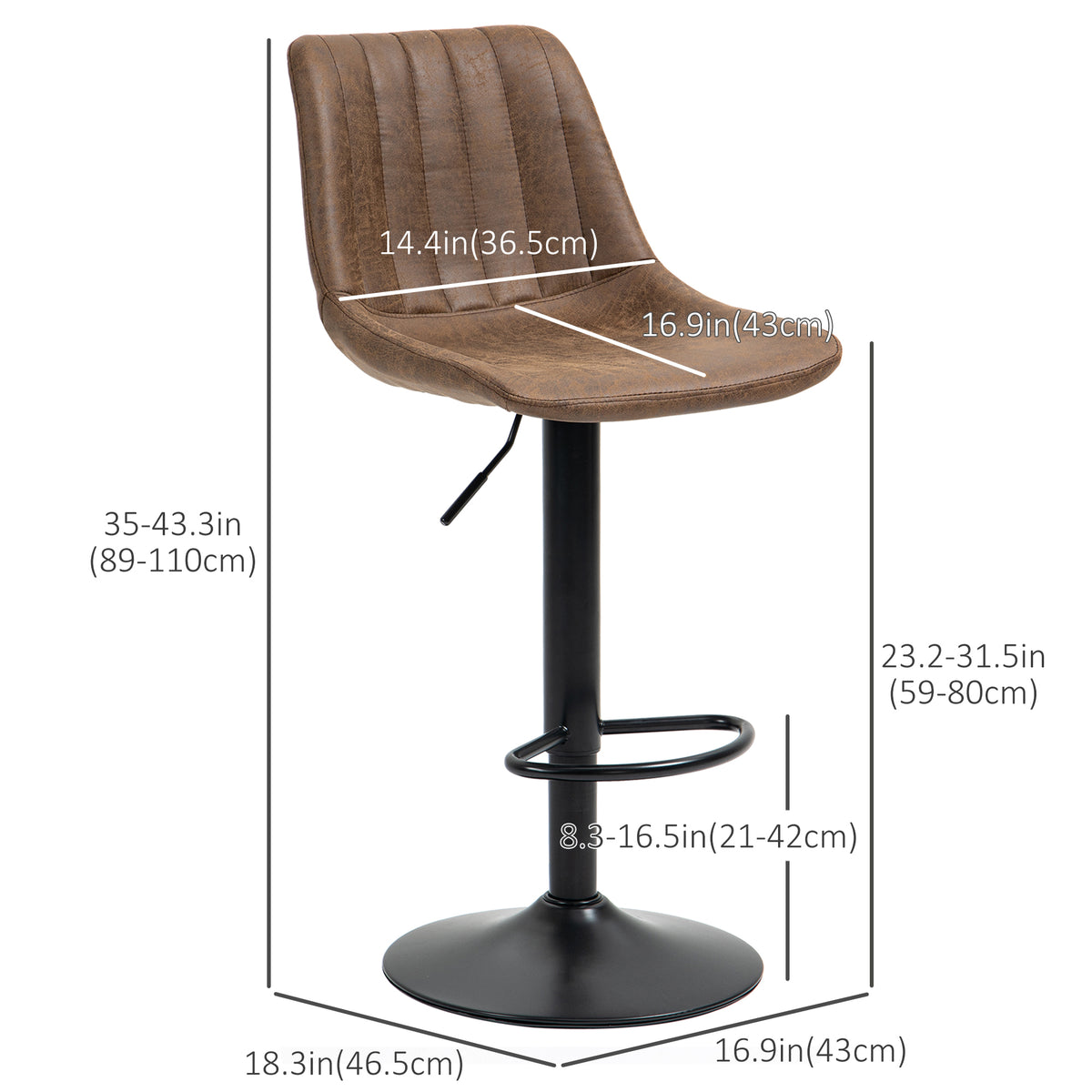 HOMCOM 2-Piece Adjustable Height Swivel Bar Stools with Footrest, Brown Leathaire