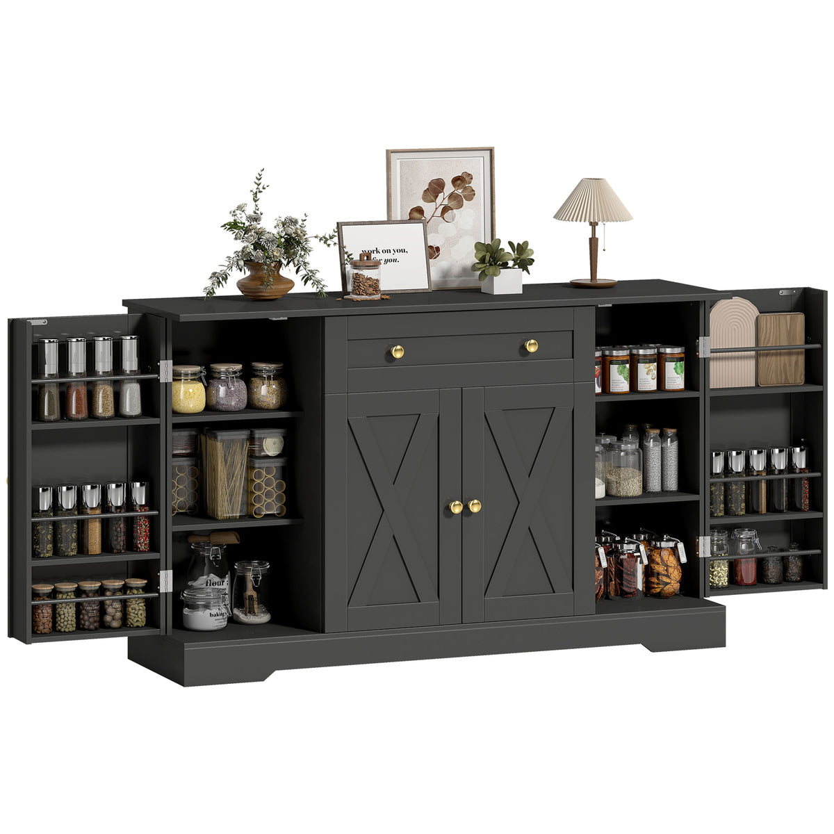 Farmhouse Sideboard with Barn Doors and Door Shelves – 54"W x 33"H