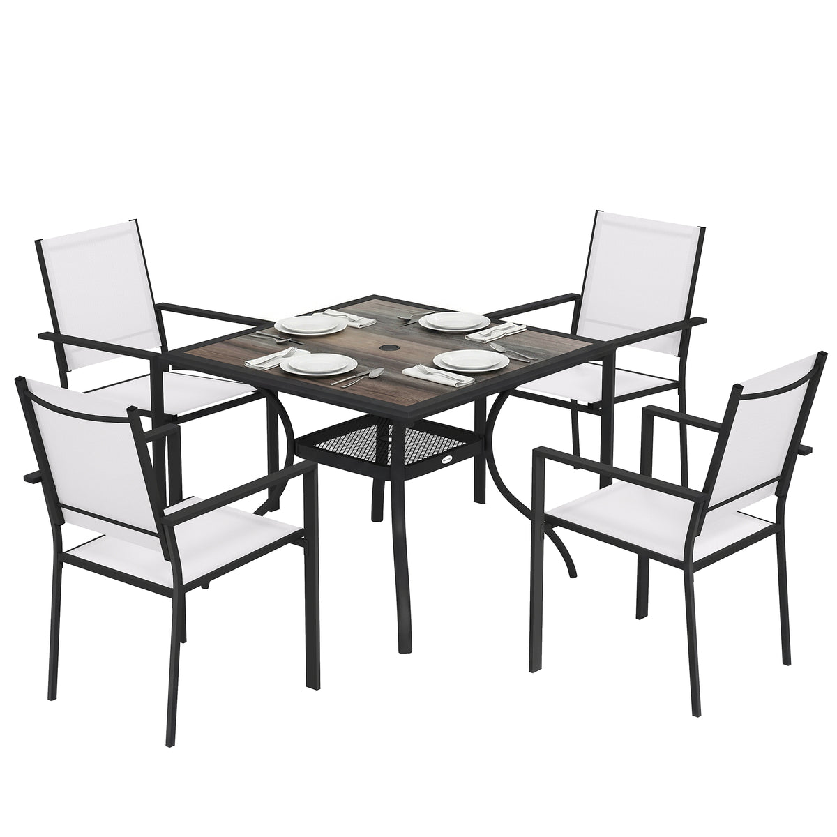 5 Piece Outdoor Patio Dining Set, Dining Table and 4 Stackable Chairs with Umbrella Hole, Shelf